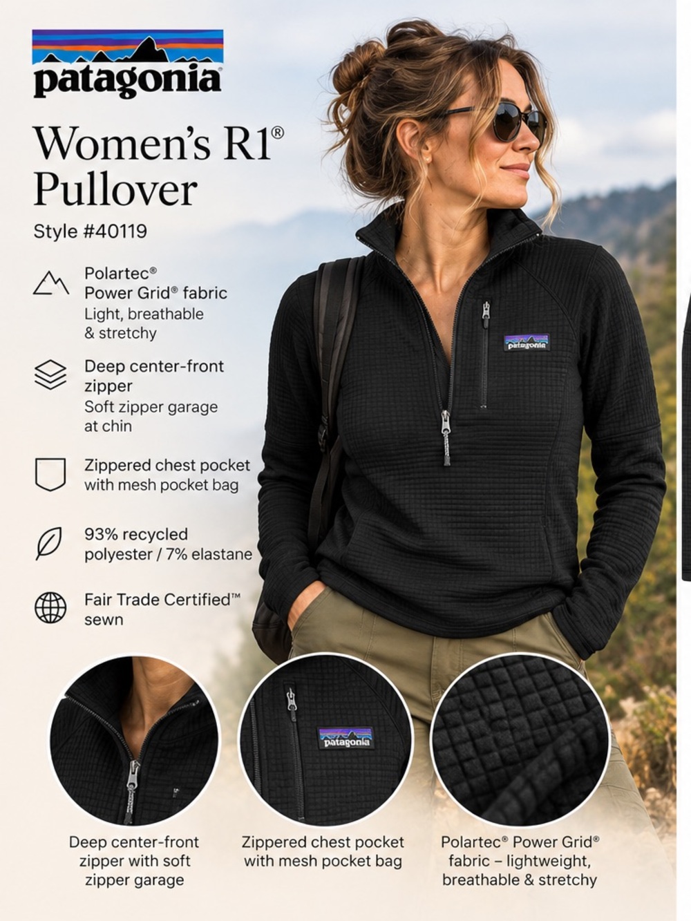 Patagonia Women's Black Polartec Power Grid 1/2-Zip Pullover